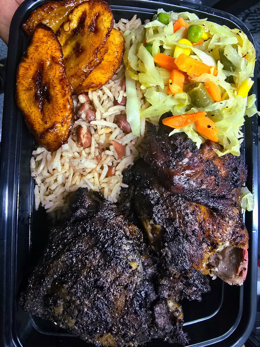 Jerk Chicken with rice and peas, and plantains